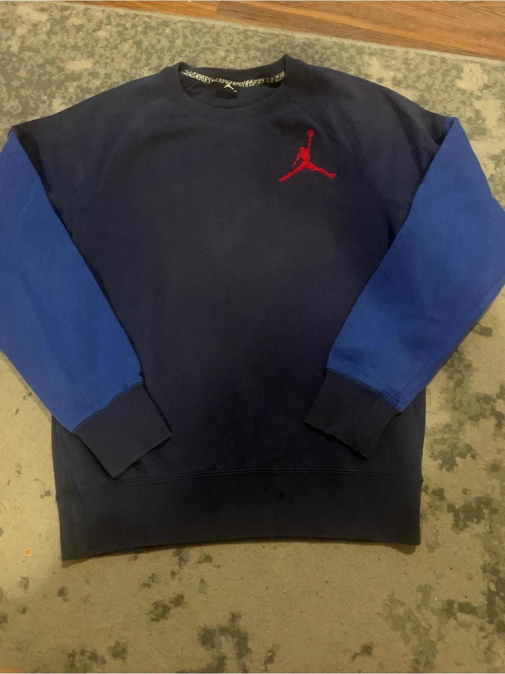 Jordan Men’s Navy Crewneck Sweatshirt with Royal Blue Sleeves and Red Jumpman